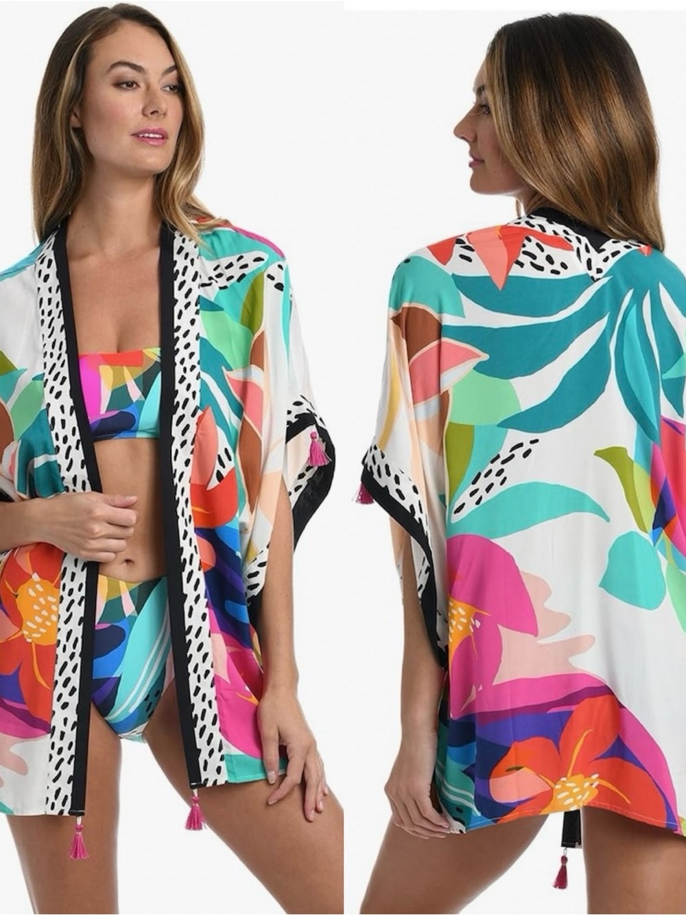 La Blanca Electic Shore Swim Tunic Cover Up Kimono OS Floral Vacation Rio
